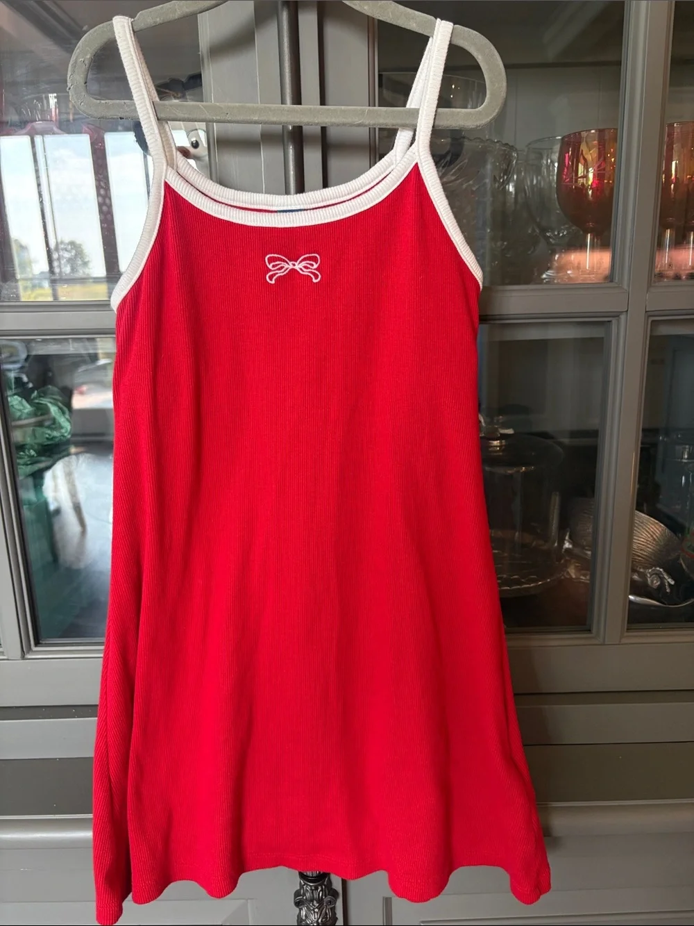 Girls Red Tank Athletic Swing Dress with White Trim, bow and bra